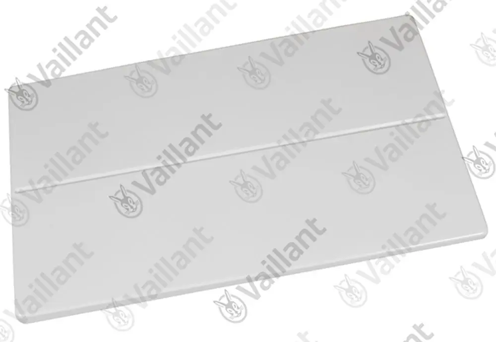 Vaillant Frontblech in weißer Ausführung, rechteckig mit zwei horizontalen Rillen. Geeignet für Heizungs- oder Lüftungsysteme.